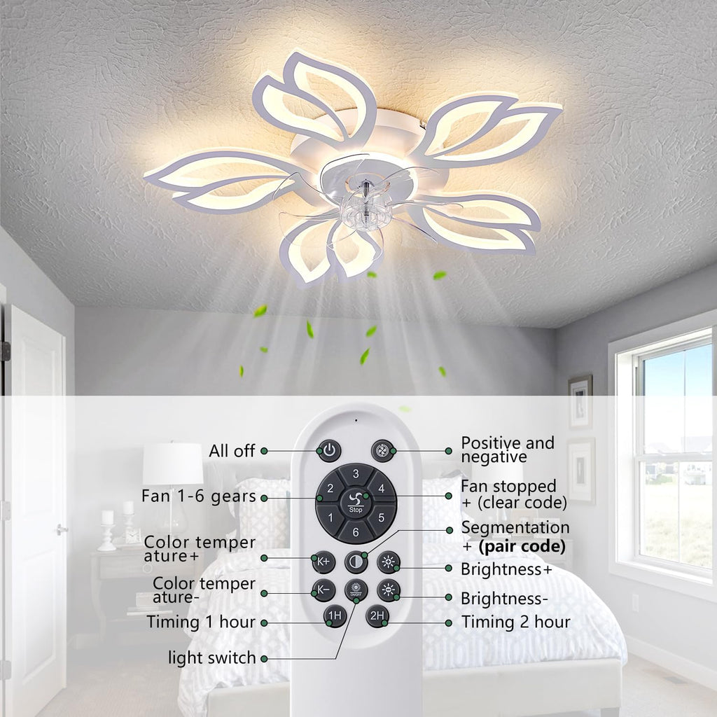 Modern Ceiling Fans with Lights, Low Profile Ceiling Fan with Remote for Bedroom, Flush Mount Ceiling Fan with LED Dimmable Light,3-Colors, 6-Speeds, Timing CeilingFan Light-White Leaves