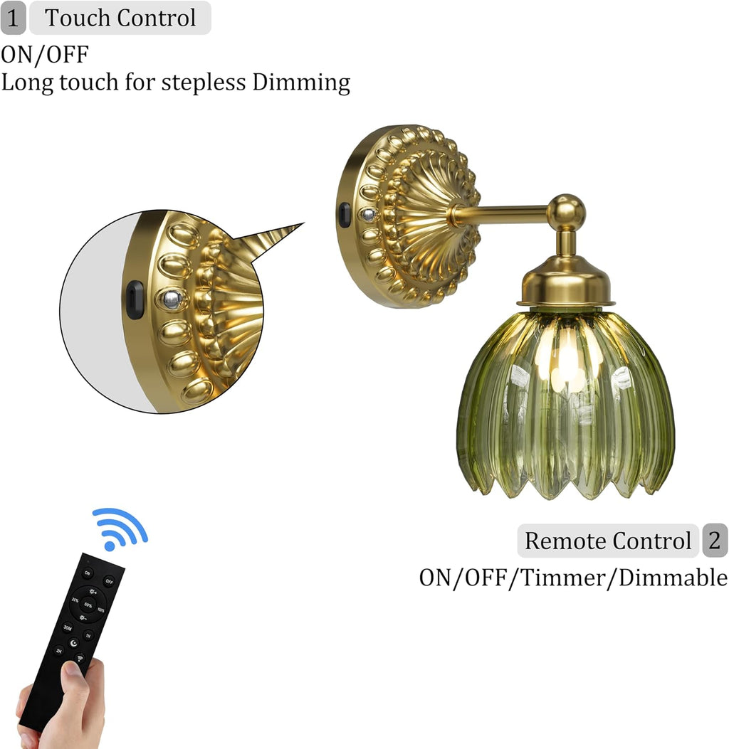 Battery Operated Wall Sconce, Vintage Wall Light, 2 Pack, Green Tulip Glass