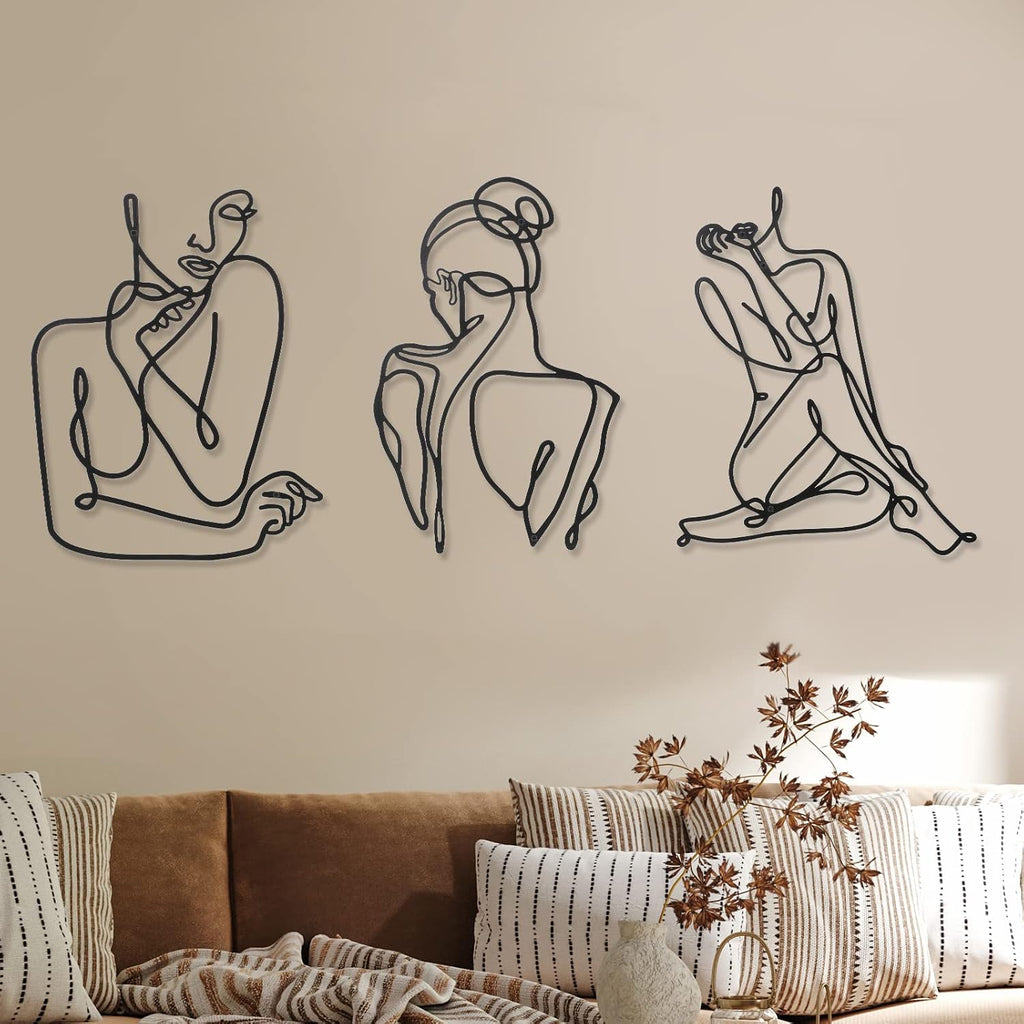 Photect 3 Pcs Metal Wall Art Minimalist Woman Line Decor, Modern, Black