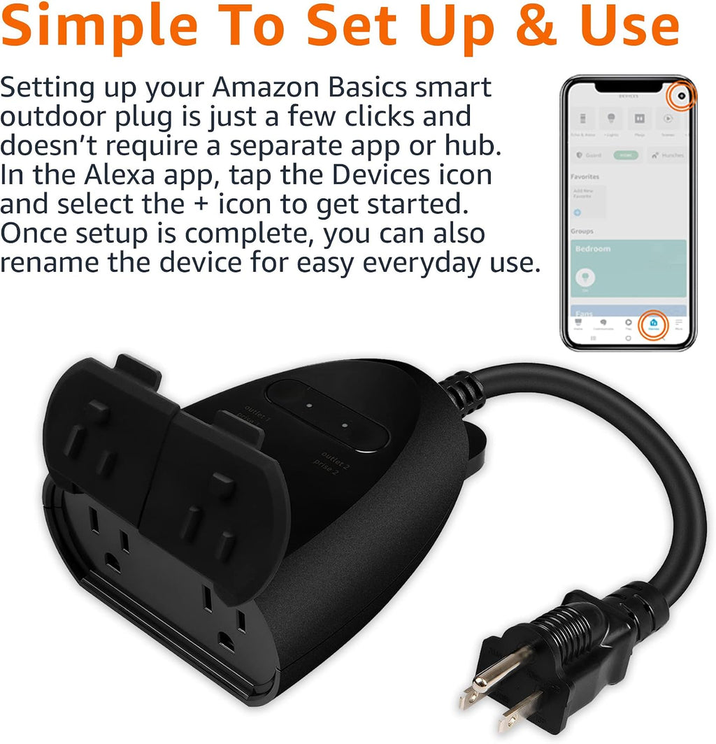 Amazon Basics Outdoor Smart Plug with 2 Individually Controlled Outlets, Works with Alexa Only, Voice Control, Weather Resistant, 2.4 GHz Wi-Fi, No Hub Required, Black