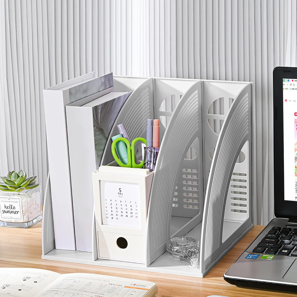 A4 File Holder, Magazine Organizer, Desk Organizer, Compartments, Bookcase, Document Divider, Paper Box, Bookends, Shelves (Grey, 3'