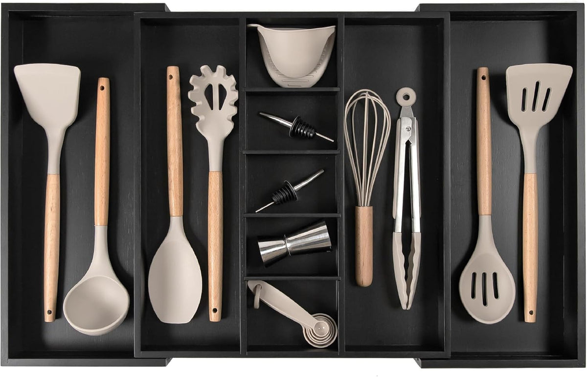 Utensil & Junk Drawer Organizer, 16-28 in, Black Bamboo