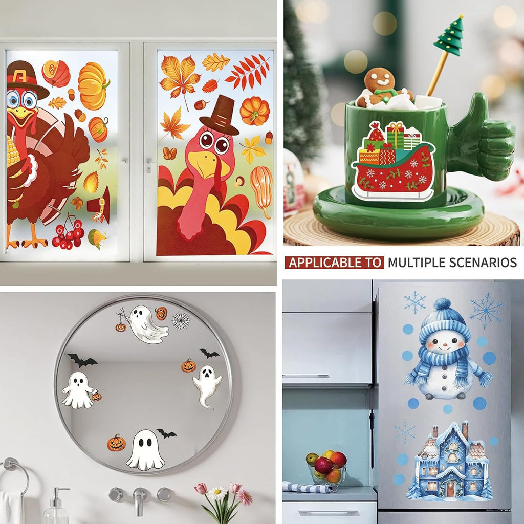 24 Sheets Halloween Thanksgiving Christmas Winter Window Clings Decals Ghost Pumpkin Turkey Santa Claus Snowman Stickers Decor for Indoor Holiday Party Decorations Favors School Home Store Glass Door