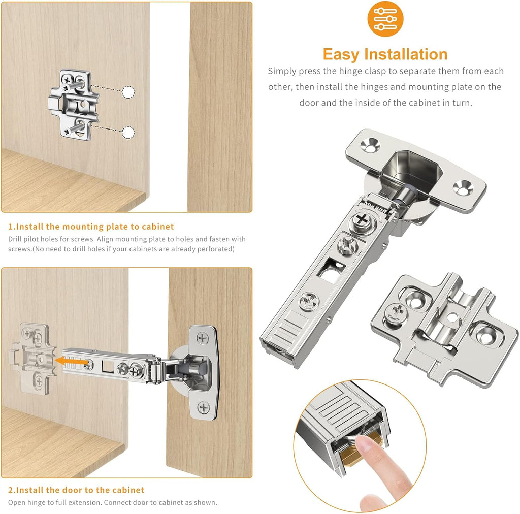 10 Pack Frameless Full Overlay Soft Close Concealed European Hinges, Self Closing Satin Nickel, 105 ° Open Angle 4D Adjustment, Speed Control, Clip On, Stainless Steel for Cabinet Door