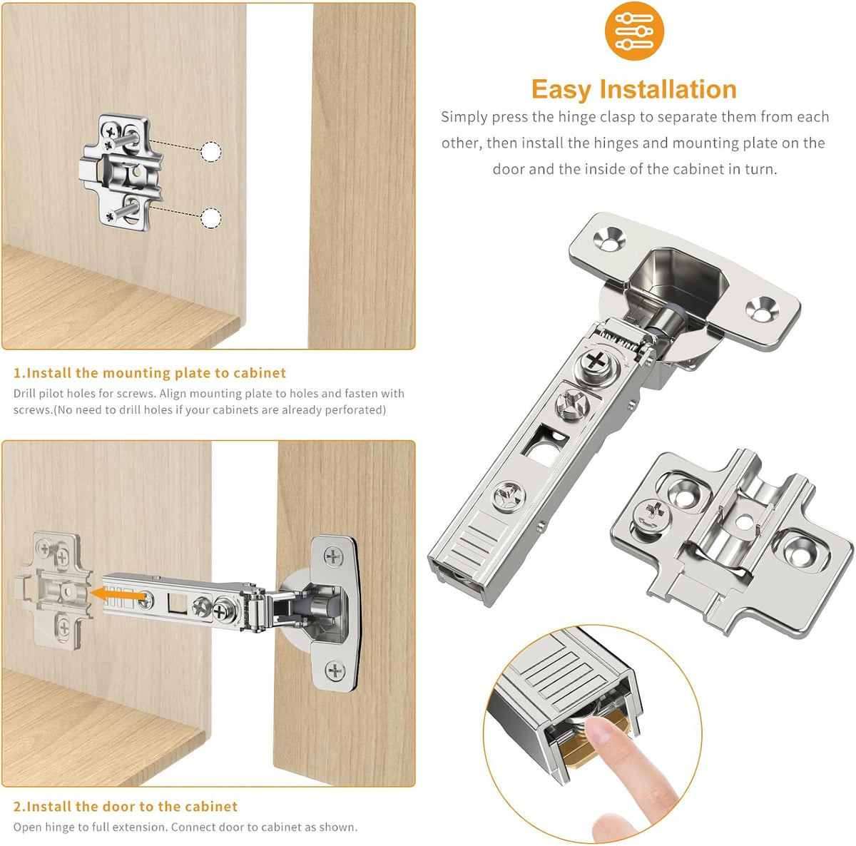10 Pack Frameless Full Overlay Soft Close Concealed European Hinges, Self Closing Satin Nickel, 105 ° Open Angle 4D Adjustment, Speed Control, Clip On, Stainless Steel for Cabinet Door