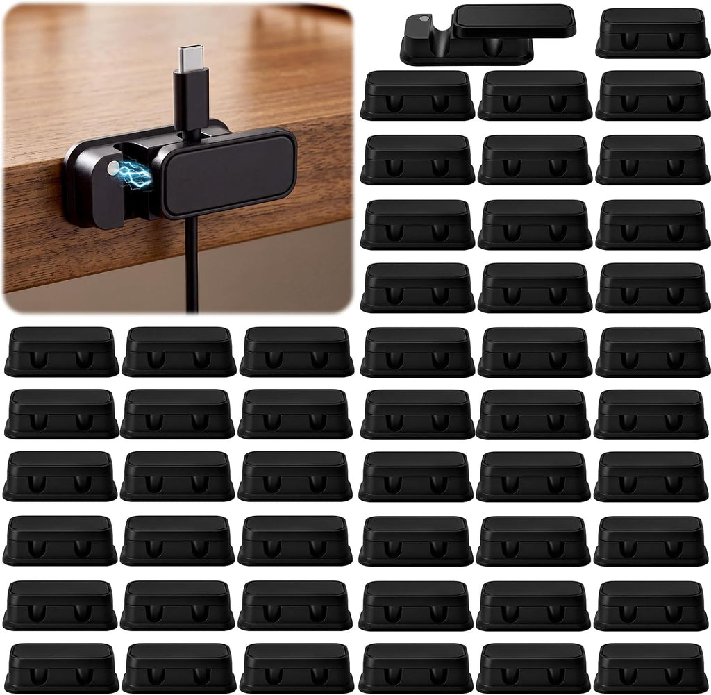 Tellegloww 50 Pack Magnetic Cable Clips, Double Hole Cord Holders, Black