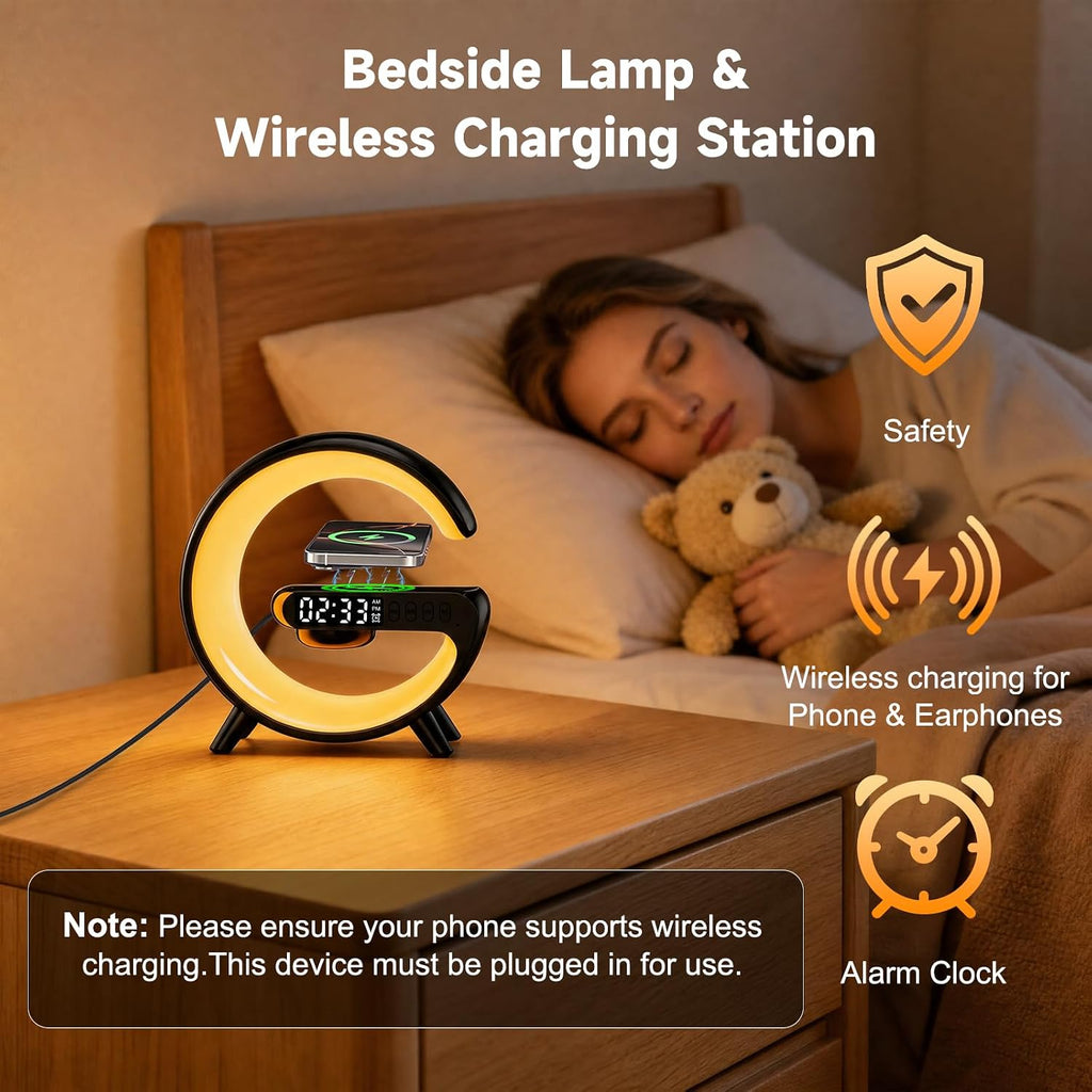 5-in-1 Smart LED Table Lamp with Wireless Charger, Bluetooth Speaker, Alarm Clock, Night Light, Bedside Lamp Charging Station for Bedroom Nightstand Dorm Desk, Home Decor, Gifts for Teen Boys Girls
