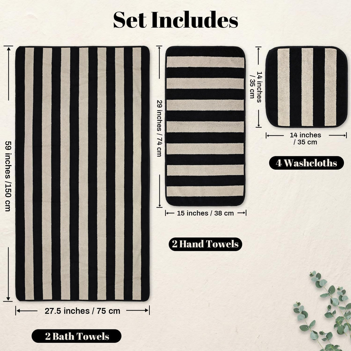 Black Striped Towels Set for Bathroom, 8 Piece Cotton Towels