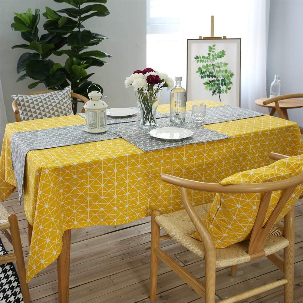 meioro Yellow Boho Table Cloth Rectangle Cotton Linen Nordic Twill Tablecloths Wrinkle Free Fabric Checkerboard Stripe Table Cloths Rustic Cover for Kitchen Dining Party Outdoor Picnic(55 x 55 Inch)