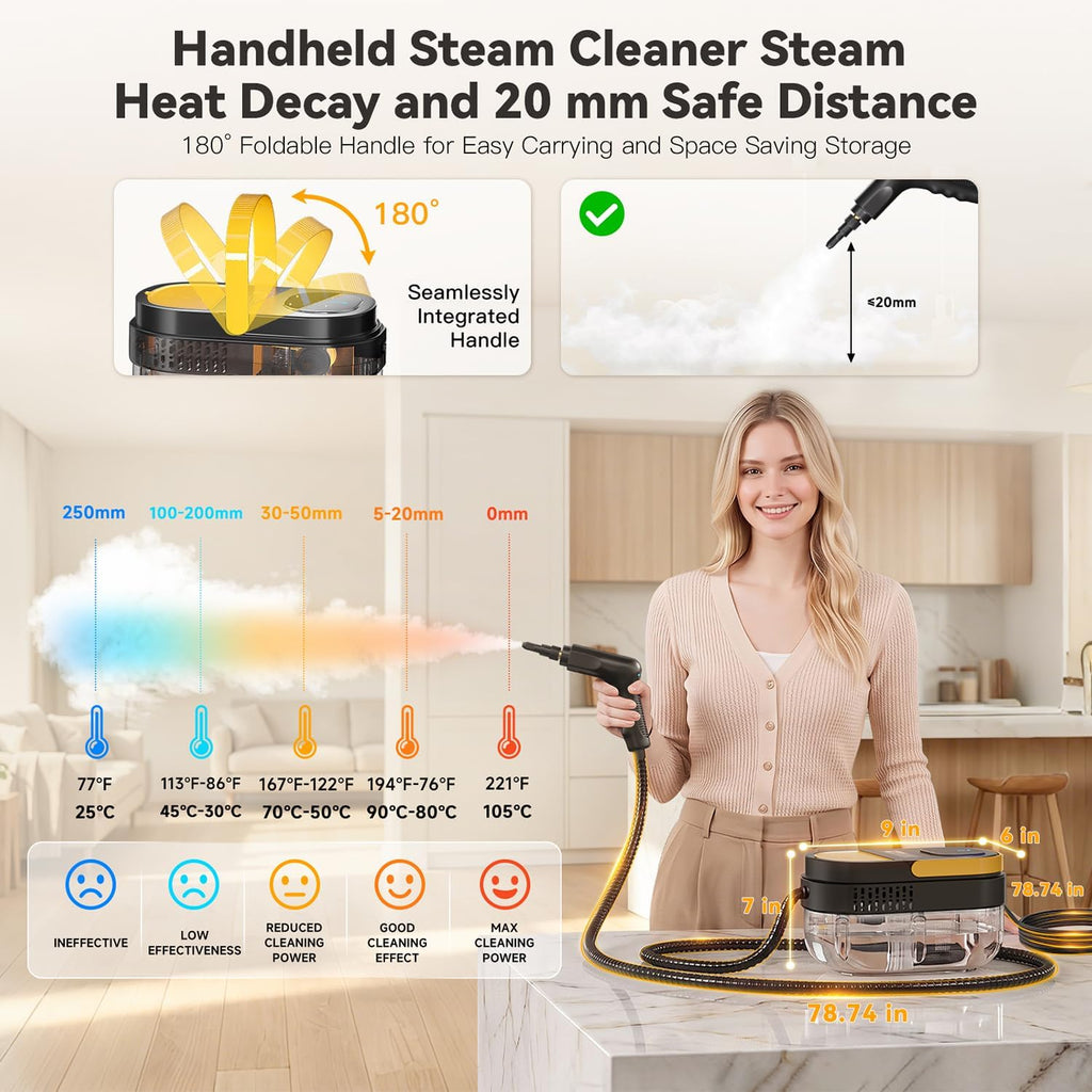 Gautye Steam Cleaner, 3 Level Adjustable Handle with 15 Accessories | 15s Heat Up, 1.69 Quarts Tank, Foldable Handle, Portable Steam Cleaner for Home, Kitchen, Bathroom, Tile, Grout, Car Cleaning