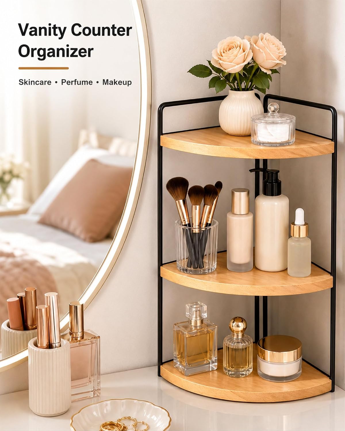 3-Tier Corner Bathroom Countertop Organizer, Solid Pine Wood Vanity Shelf