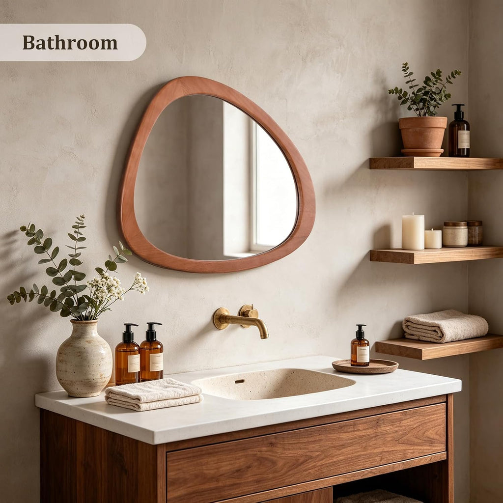 HOMECOOKIN 23 x 19 Asymmetrical Mirror, Irregular Wooden Wall Mirror for Bedroom, Living Room,Entryway– Mid-Century Modern Decorative Mirror, Solid Wood Frame, Pebble Shaped Design (Walnut)