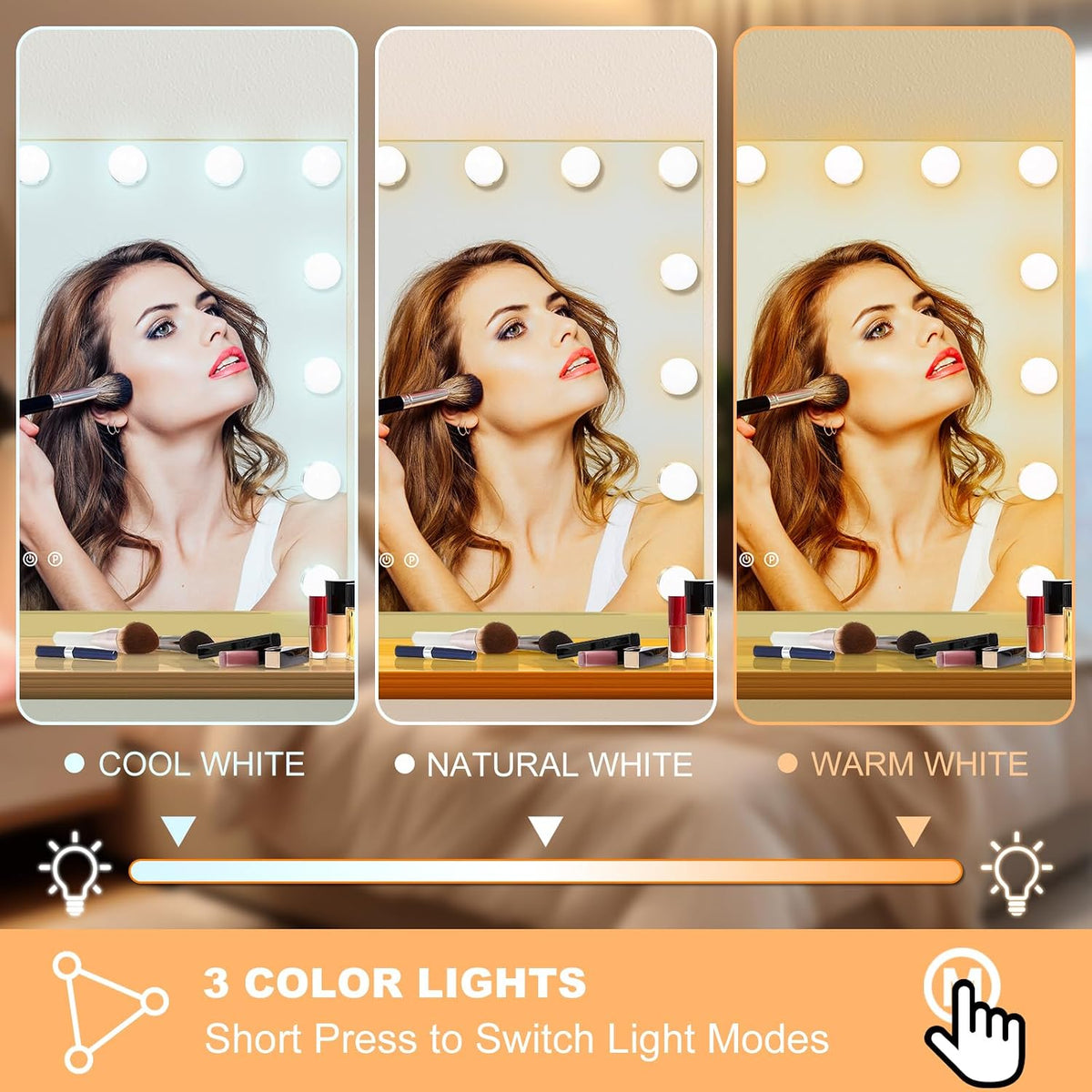 Moonee Vanity Mirror with Lights, Gold Hollywood Lighted Makeup Mirror with 15 Dimmable Bulbs and 10X Magnification, 3 Colors Modes, Aluminum Metal Frame, Light Up Mirror for Tabletop/Wall（23" x 18"）