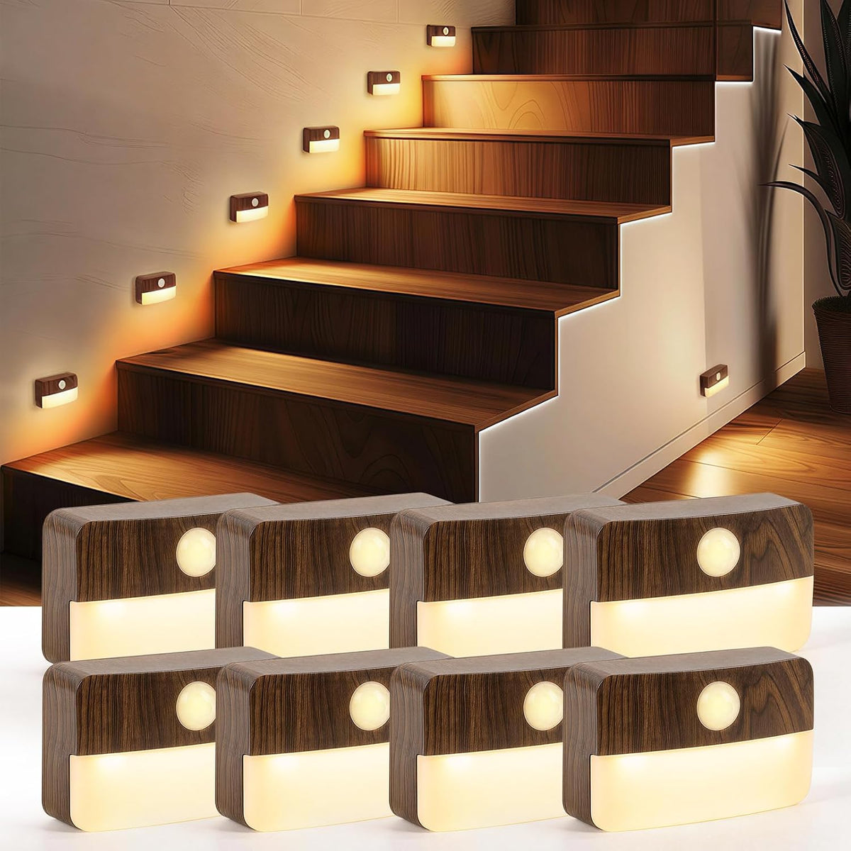 Guankai 8 Pack Motion Sensor Stair Light Indoor, Wireless Battery Operated Closet Lights, Stick on Anywhere Hallway Lamp, Portable Led Night Lamps for Bedroom Under Cabinet Kitchen, Wood Grain