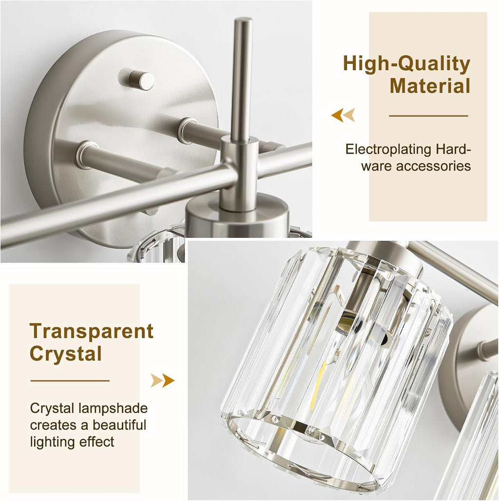 EJIAXIN Crystal Bathroom Vanity Lights, 4 Light Bath Mirror Light Brushed Nickel Round Crystal Wall Mount Light Fixture Over Mirror Morden for Living Room