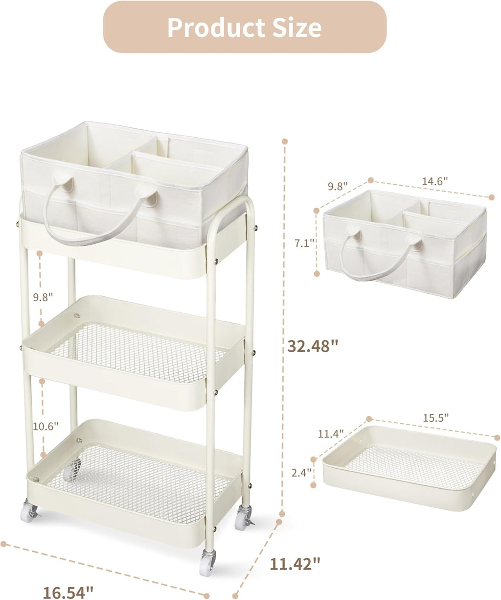 Fortella Baby Diaper Caddy, 3 Tier Rolling Cart for Baby Essentials, Beige