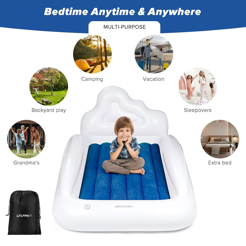 USHMA Inflatable Toddler Travel Bed, Reversible 2 Color Kids Air Mattress | Kids Blow up Mattress with Sides | Portable Toddler Bed for Travel, Sleepovers - Navy Blue & Grey