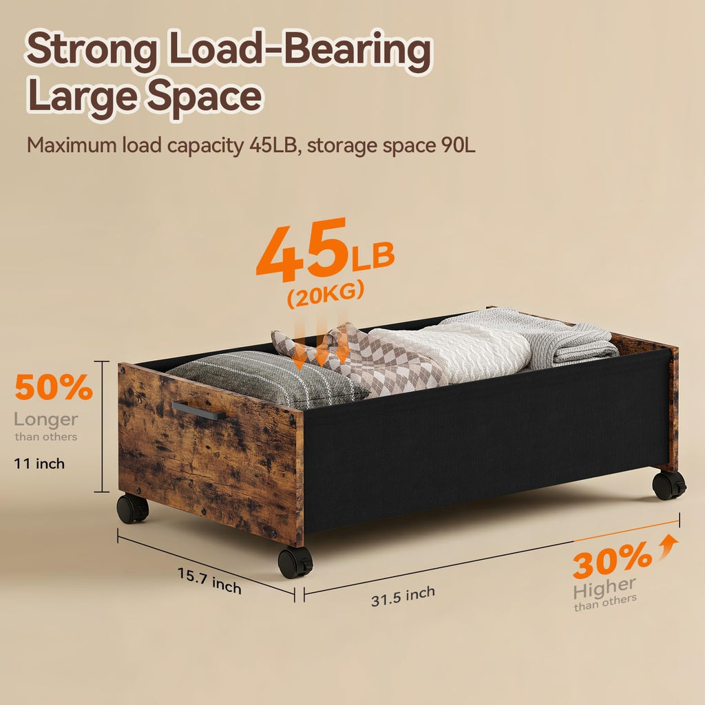 Under Bed Storage with Wheels, Space Saving, Tall Size 90L