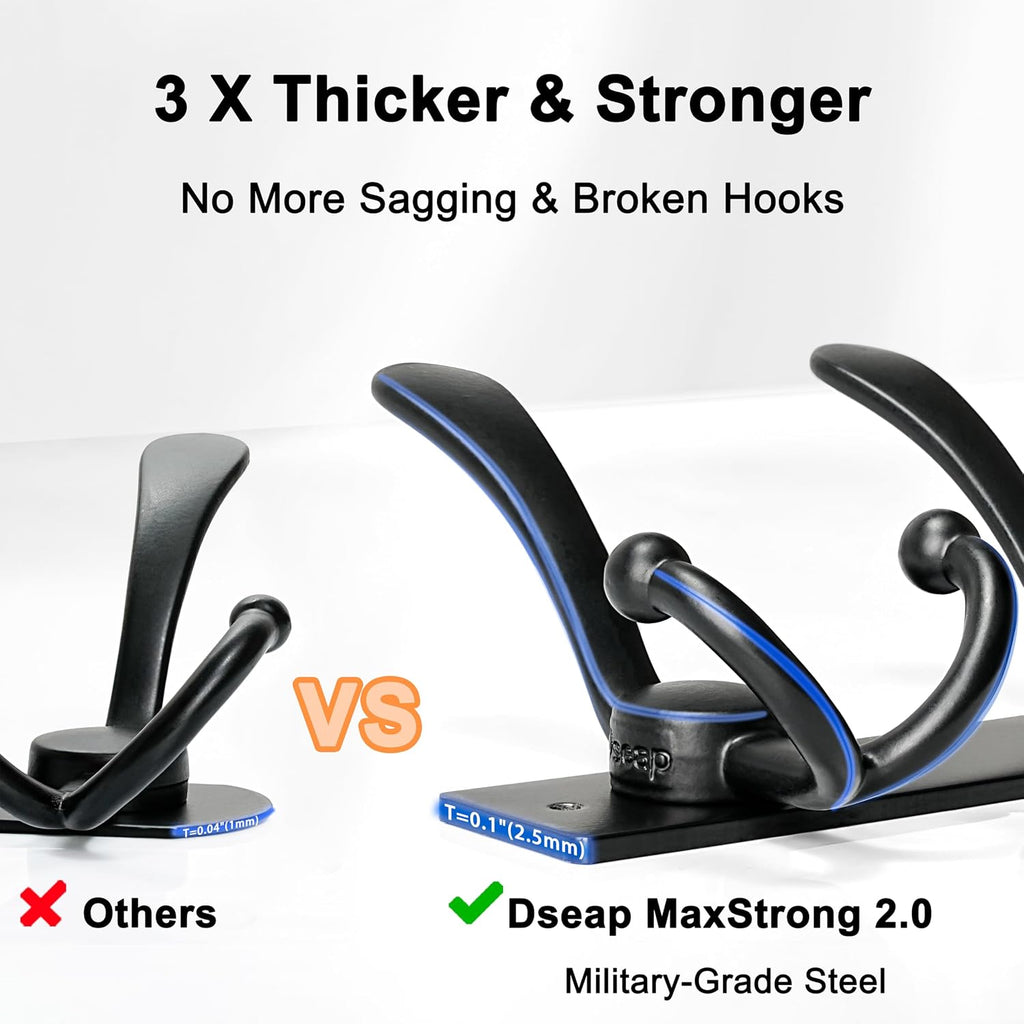 Coat Rack Wall Mount, Heavy Duty 12-Gauge Base vs Flimsy 1mm, Double-Thick Solid Anti-Snap Hooks, 16” Stud-Mount, Stainless Steel Hanger for Clothes Hat Entryway Closet Mudroom, Black