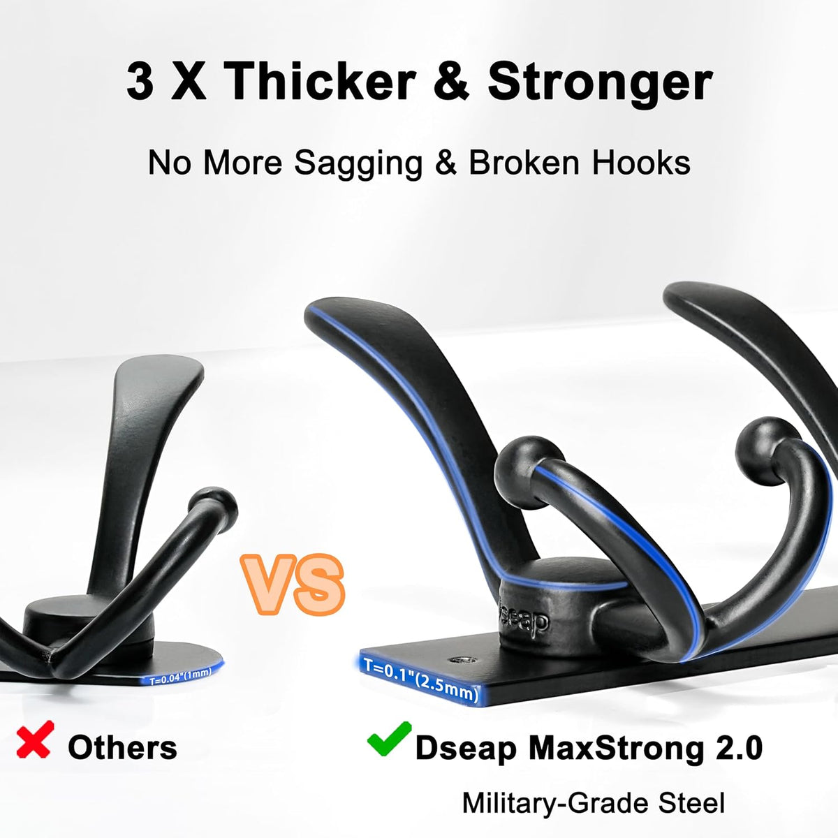 Coat Rack Wall Mount, Heavy Duty 12-Gauge Base vs Flimsy 1mm, Double-Thick Solid Anti-Snap Hooks, 16” Stud-Mount, Stainless Steel Hanger for Clothes Hat Entryway Closet Mudroom, Black