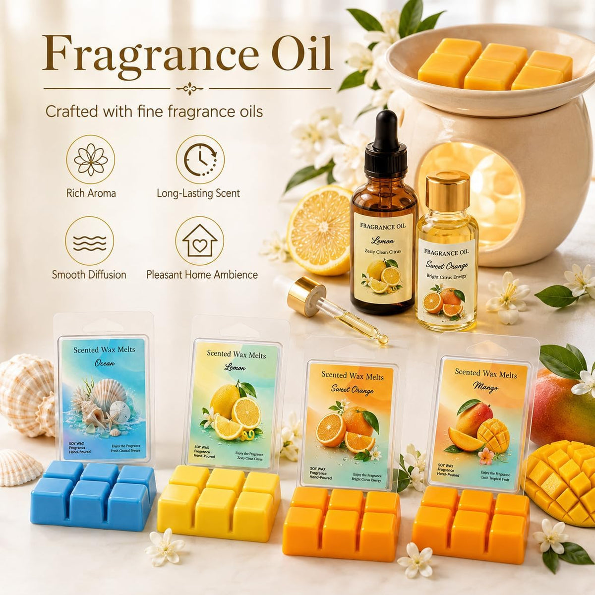 Wax Melt 4 Pack 2.5 Oz Each Wax Melts 10 Oz Total Scented Wax Melt Wax Cubes for Warmer Strong Scent Wax Melt Home Fragrance Candle Melts Wax Warmer Cubes Lemon, Sweet Orange, Ocean, Mango