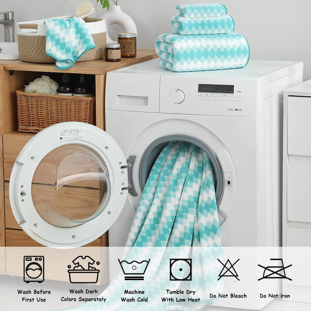 12 Pcs Aqua White Diamond Towel Set-4 Bath Towels,4 Hand Towels,4 Washcloths Soft Polyester Towels with Loop Absorbent Shower Towel Quick Dry Beach Chair Towel Family Towels for Bathroom Spa Gym Pool