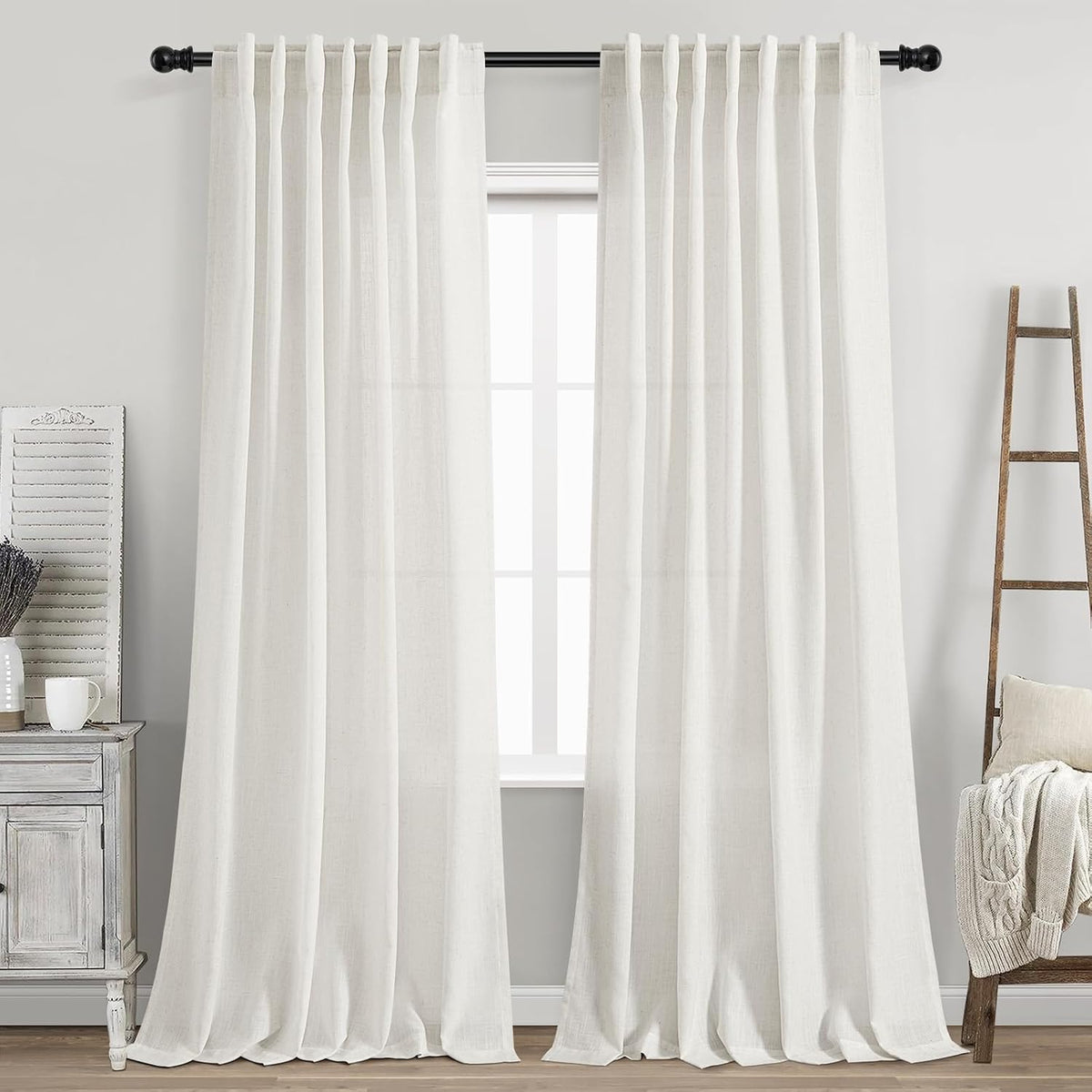 Nanspring Beige White Linen Curtains 84 Inch Length 2 Panels Set for Living Room Rod Pocket Back Tab Light Filtering Window Drapes for Bedroom Dining Room Protect Privacy Home Decor
