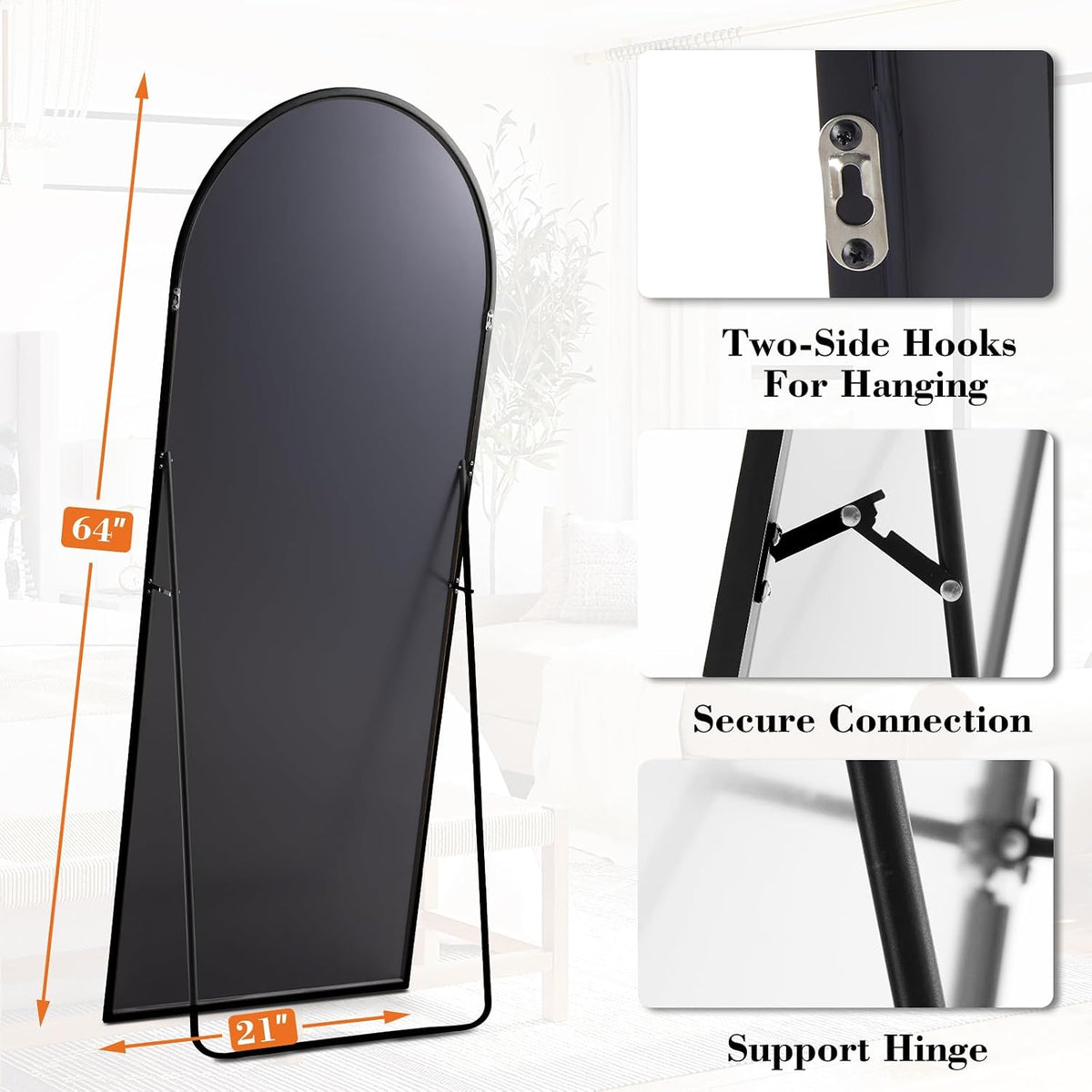 DUMOS 64"x21" Arched Full Length Mirror with Stand, Full Body Floor Mirror