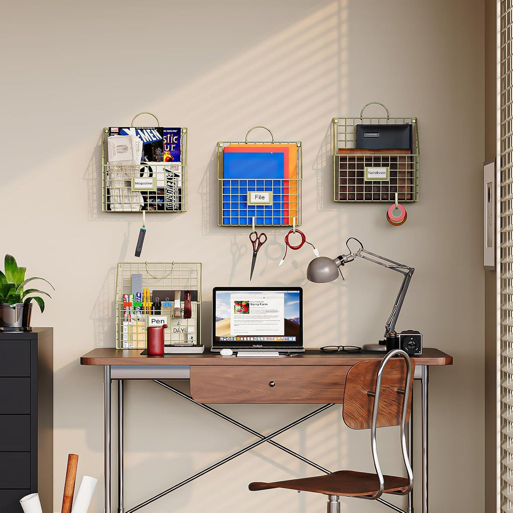 4 Packs Hanging Wall File Organizer with Hooks, Magazine Rack ,Mail Basket