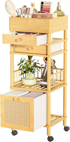 Bamboo Makeup Organizer Cart with 3 Drawers, Floor Skin Care Storage for Bathroom Bedroom, Rolling Vanity Organizer Cart for Cosmetic, Nail Polish, Perfume and Hair Tools