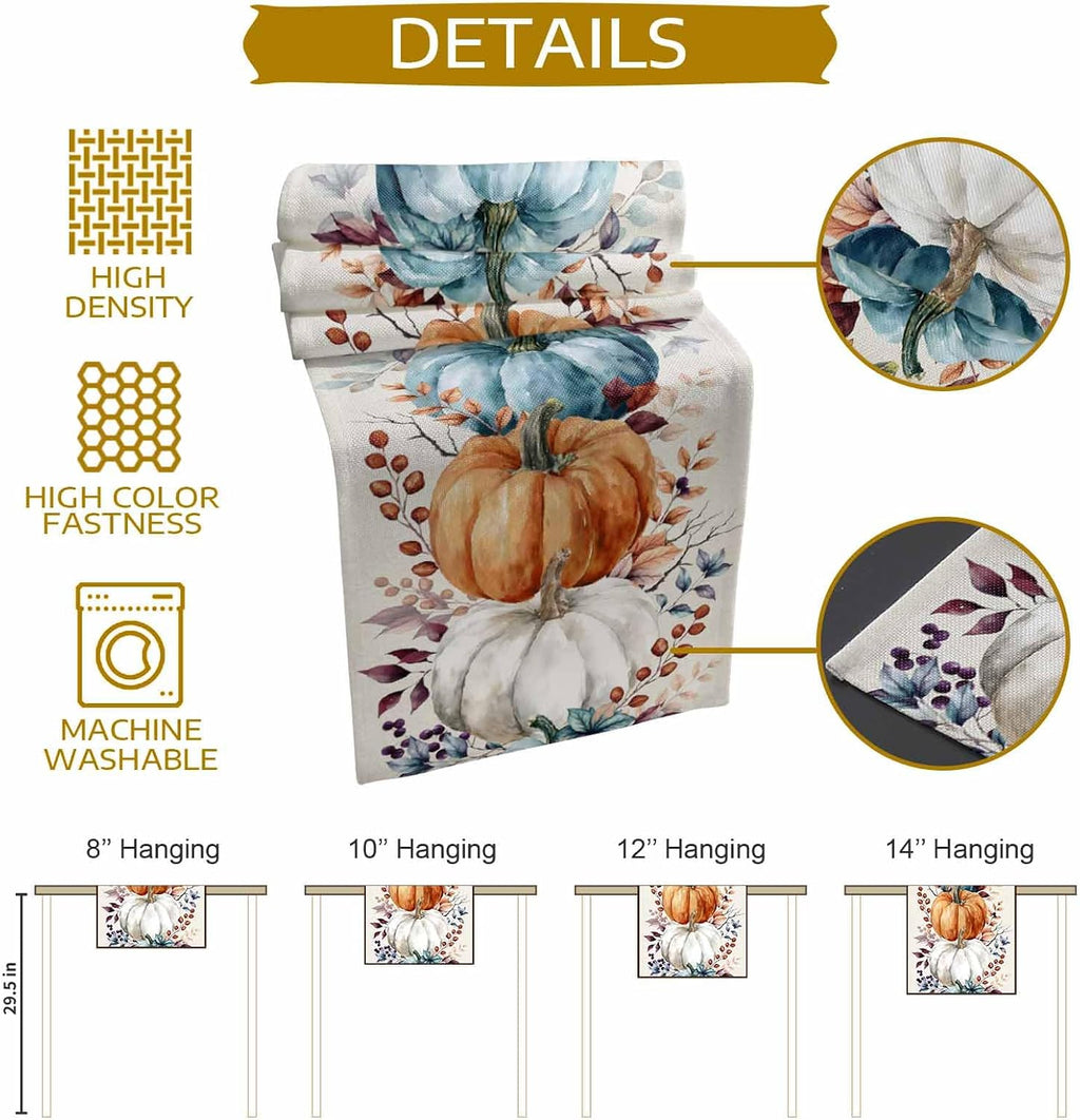Fall Thanksgiving Table Runner, Watercolor Autumn Pumpkins Eucalyptus Leaves Cotton Linen Tablecloth Farmhouse Table Decor for Home,Kitchen,Dining Room,Indoor,Outdoor,13X90 Inches Long, Blue Orange