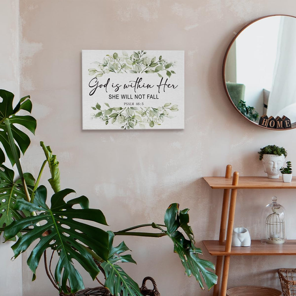 BIWSHA Sage Green Bathroom Decor, Green Wall Decor, Canvas Wall Art For Bedroom, Sage Green Bathroom Accessories, Inspirational Psalm 46:5 Wall Art For Office Bedroom, God is Within Her, 11x14 In