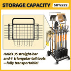 SOYEEZE Garden Tool Organizer with Large Wheels, Heavy Duty 3-Tier Yard Tower Tool Rack for Garage, Holds Up to 35 Long-Handled Tools, Garden Tool Cart with 12 Hooks for Tool Organization Storage