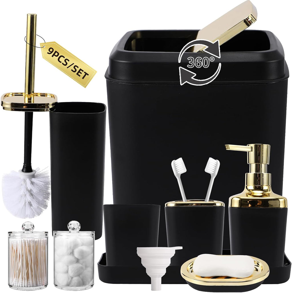 XLHOMO Bathroom Set, Black Bathroom Set, 9 PC Black and Gold Bathroom Set
