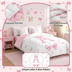 Erosebridal Girls Pink Bow Initial Twin Comforter Set with Sheets - Monogrammed Letter A Bows Bedding Set 7 Piece for Kids Teen, Pink White Ribbon Bow Tie Fitted Flat Sheet, Cute Bowknot Bed Set