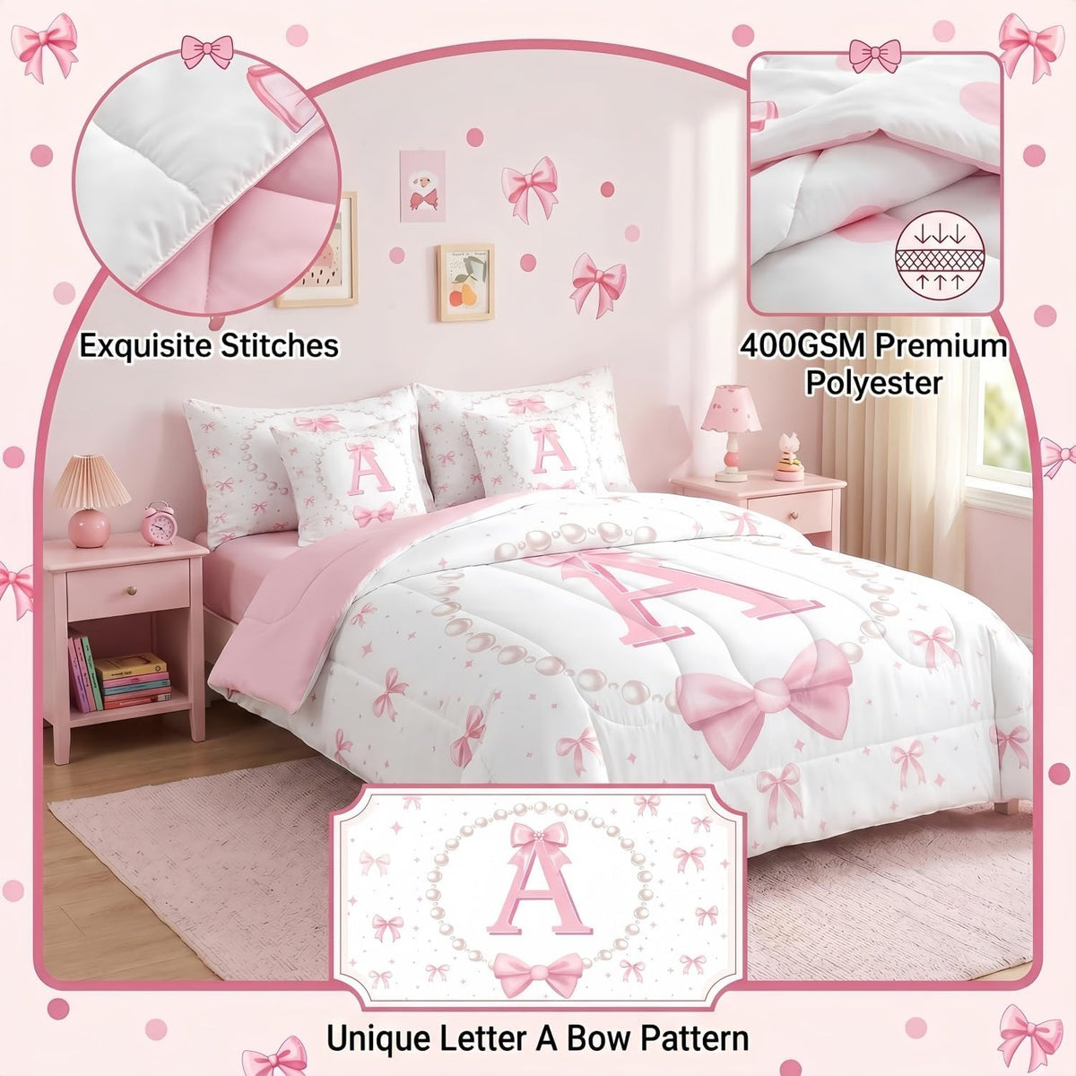 Erosebridal Girls Pink Bow Initial Twin Comforter Set with Sheets - Monogrammed Letter A Bows Bedding Set 7 Piece for Kids Teen, Pink White Ribbon Bow Tie Fitted Flat Sheet, Cute Bowknot Bed Set