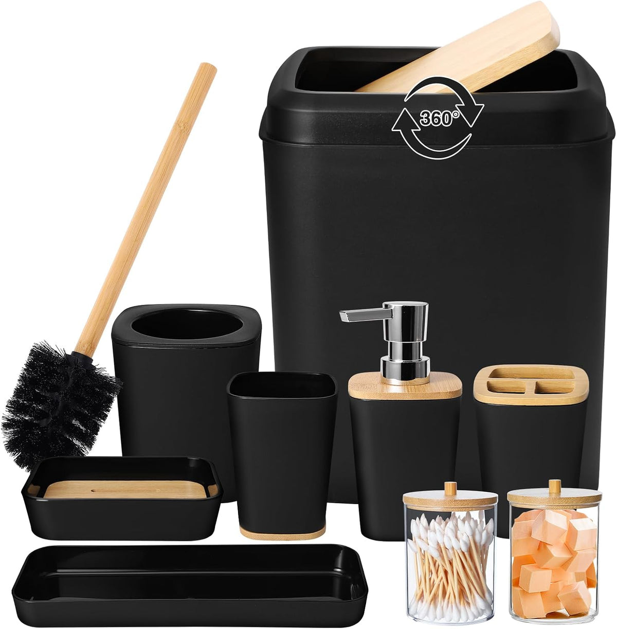 XLHOMO Black Bathroom Set - 9 Piece Accessory Set with Trash Can