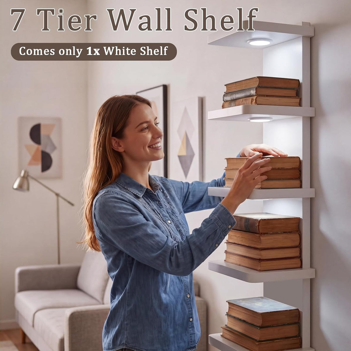 7 Tier Wall Shelf with LED Lights Lack Shelf for Room Collection, White
