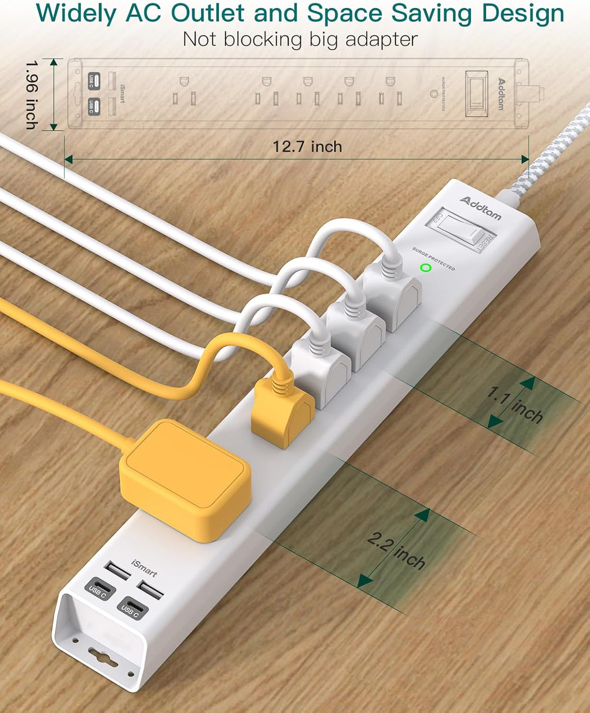 2 Pack Surge Protector Power Strip -6ft Extension Cord, 5 Outlets 4 USB