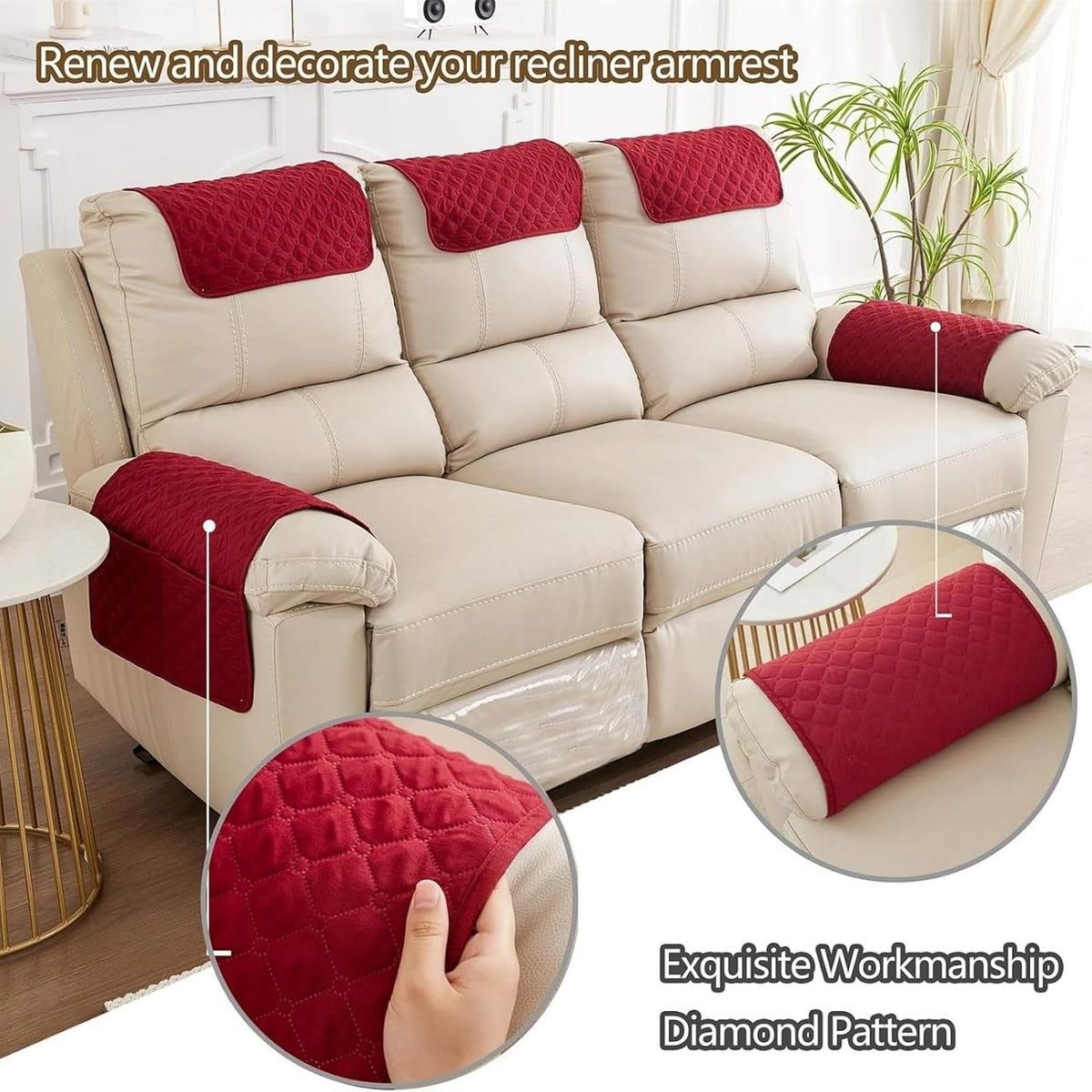 Quilted Recliner Armrest and Headrest Covers Set
