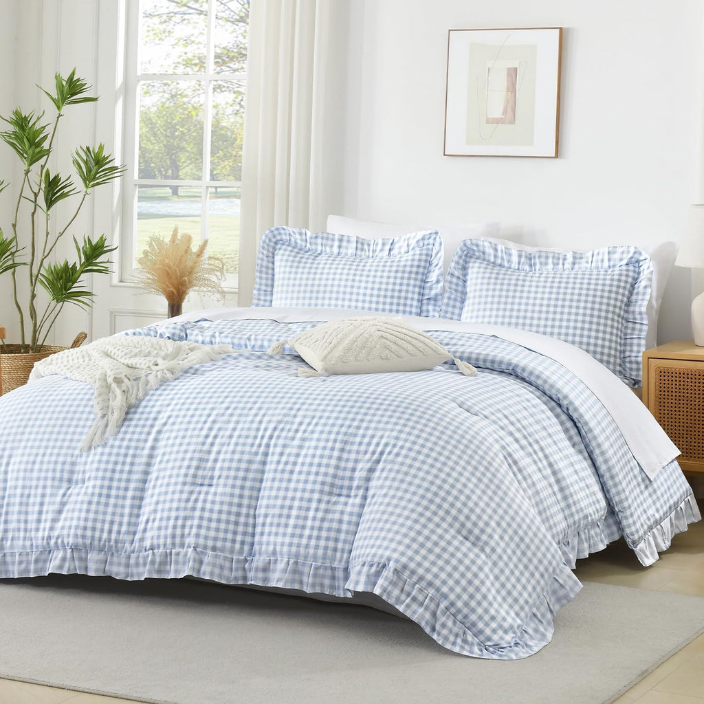 Andency Blue Gingham Ruffle Comforter Queen, 3 Pieces Vintage Bedding
