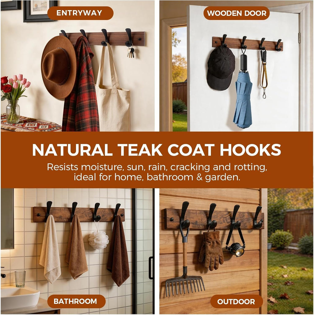 Wooden Coat Rack Wall Mount,Teak Solid Wood Coat Hanger with 4 Metal Hooks,16 inch Mounting Hole Spacing,Rustic Wall-Mounted Coat Racks for Towel,Hat,Key,Jacket,Clothes (1, Teak (Mixed Grain))