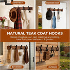 Wooden Coat Rack Wall Mount,Teak Solid Wood Coat Hanger with 4 Metal Hooks,16 inch Mounting Hole Spacing,Rustic Wall-Mounted Coat Racks for Towel,Hat,Key,Jacket,Clothes (1, Teak (Mixed Grain))