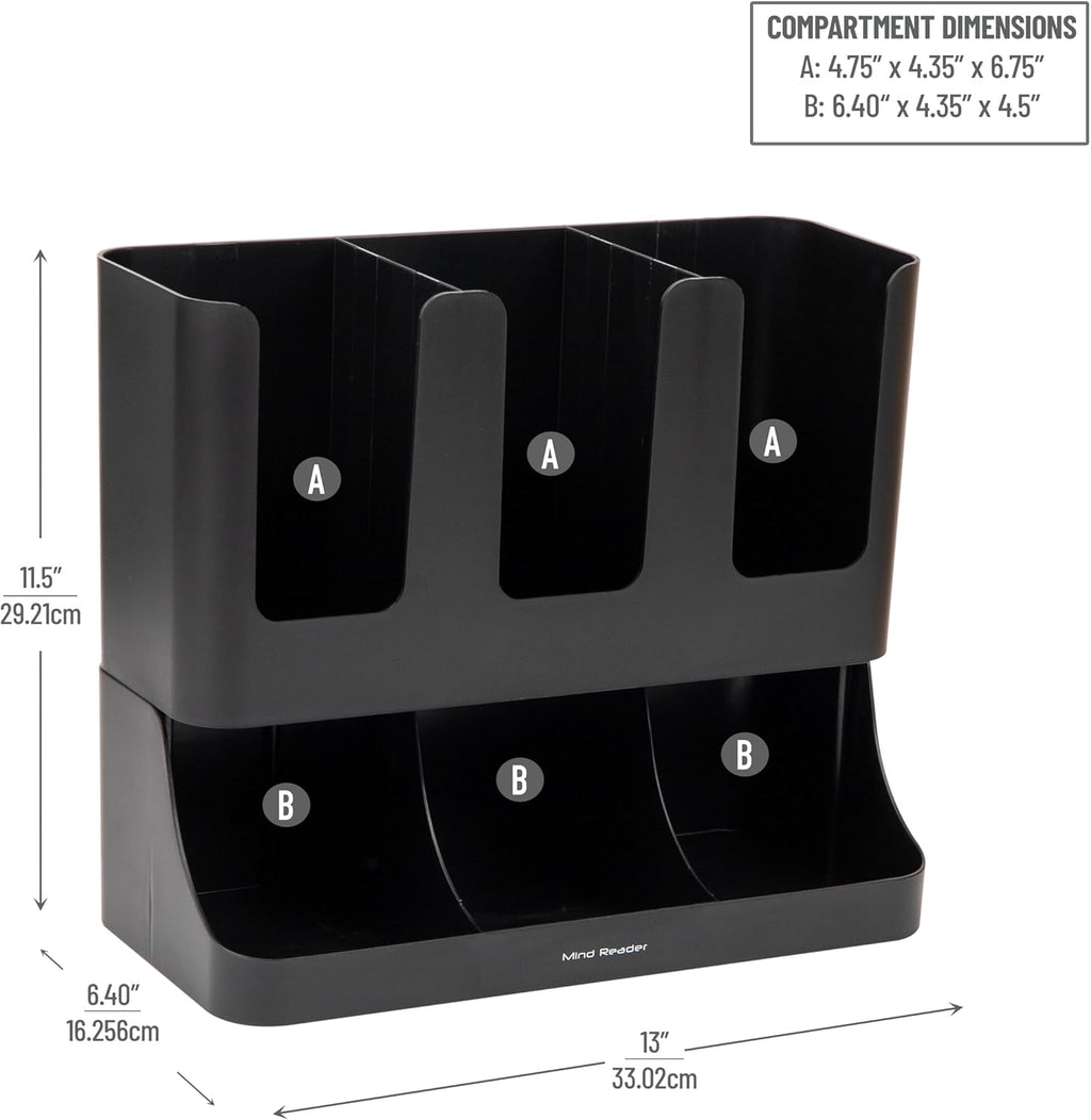 Mind Reader Condiment Station, 13 Inch Countertop Coffee Bar Organizer with 6 Compartments, Storage Caddy for Cups, Lids and Packets, Plastic, Black