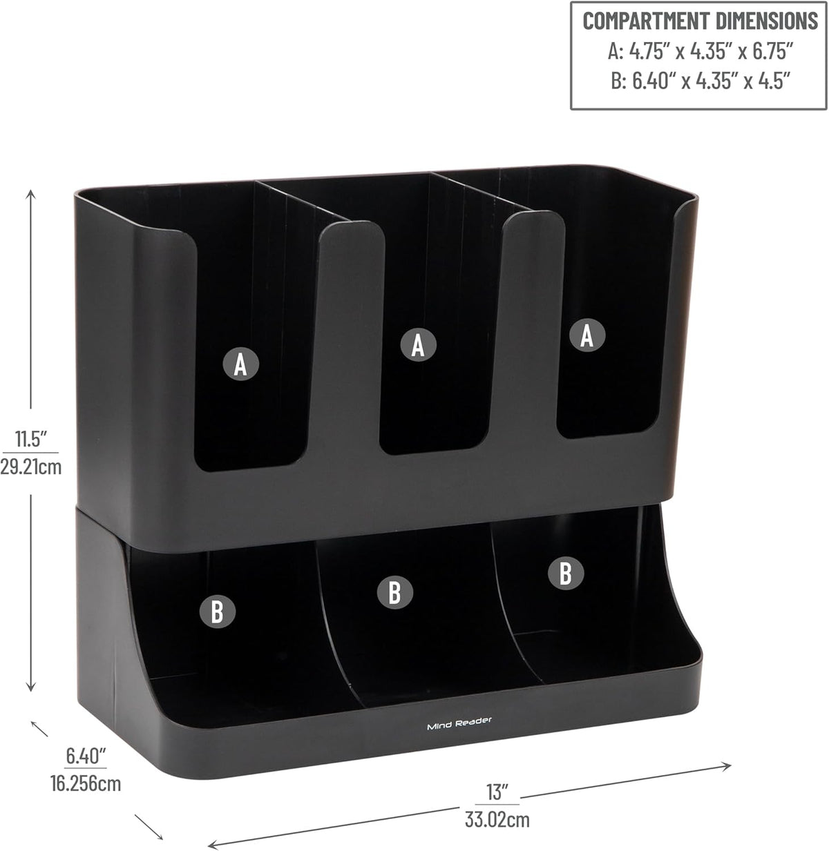 Mind Reader Condiment Station, 13 Inch Countertop Coffee Bar Organizer with 6 Compartments, Storage Caddy for Cups, Lids and Packets, Plastic, Black