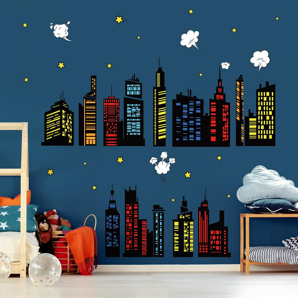 decalmile Colorful City Skyline Building Silhouette Wall Decals Stickers