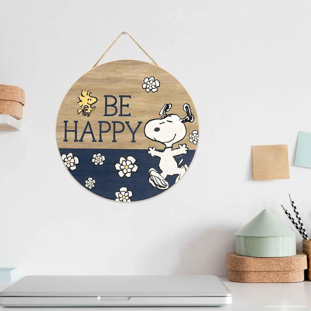 Peanuts Snoopy Be Happy Round Hanging Wood Wall Decor