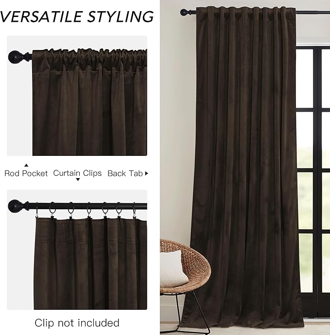 RYB HOME Brown Blackout Curtains 84 inches Long Velvet, Room Darkening Thermal - Image 3