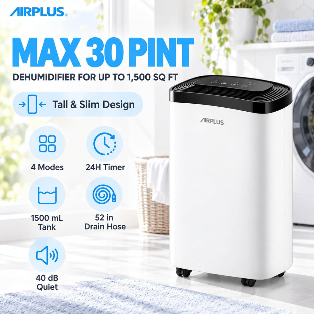 AIRPLUS Max 30 Pint Tall Dehumidifier for Home Bedroom up to 1500 Sq Ft
