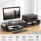 ECOLOVI Desk Organizer and Accessories, 2-Tier Computer Monitor Stand Rise with Storage Drawer & 2 Pen Holders, Laptop & Printer Stand for Desktop, Workspace Organizers for Office Supplies (Black)